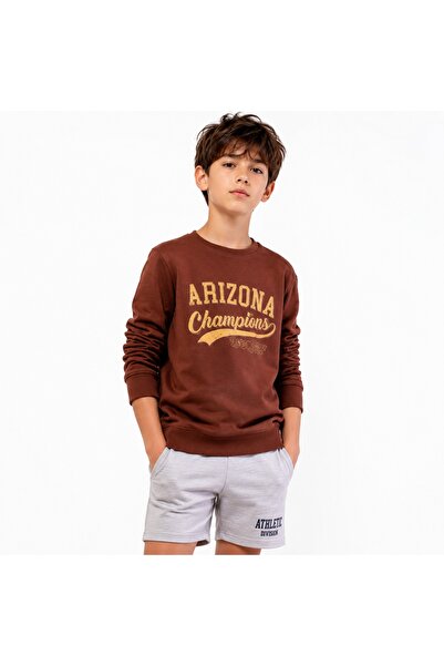 PALM PEANUTS Boys Brown Graphic Sweatshirt & Grey Cotton Shorts 2-Piece Casua...