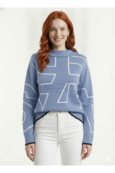 Neden Tekstil Women's Blue Knitwear Sweater with Black Detail Modern Design