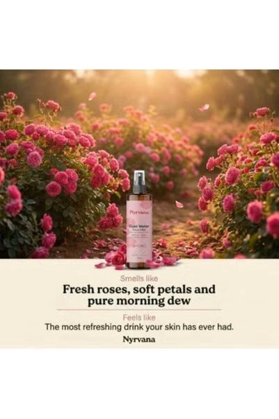 Nyrvana Rose Water Face Mist 100ml – Pure Steam-Distilled Natural Facial Toner for Skin Brightening & Hydration, Alcohol-Free Organic Spray for All Skin Types including Sensitive Skin, Vegan Friendly