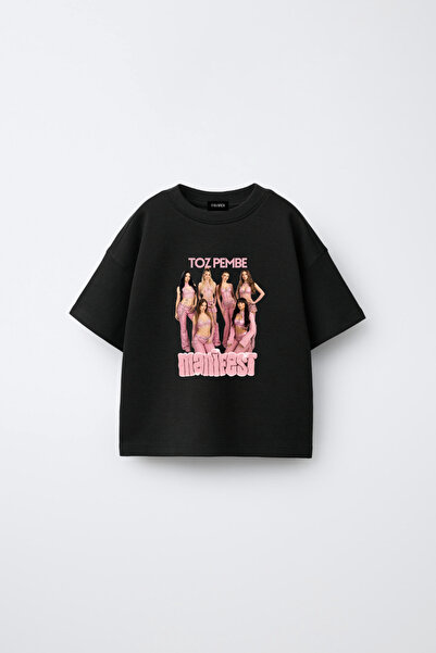 fasardi Manifest Powder Pink Printed Oversize 100% Cotton Short Sleeve Girls'...