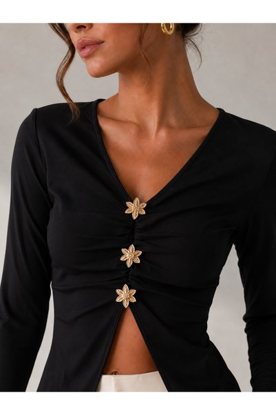 get crazy collection Women's Elegant Flower-Shaped Metal Button Detail Bluz with Gathered Detail