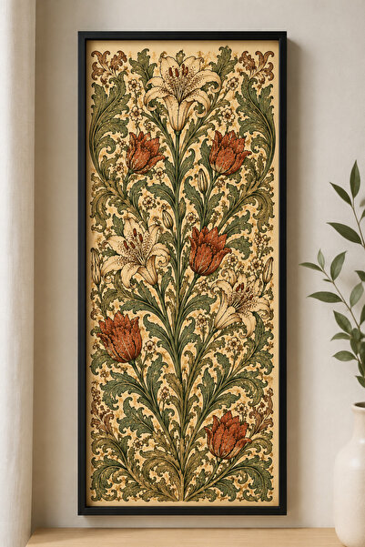 FourArts William Morris Serisi Dikey Ahşap Tablo - Vintage Botanik Çiçek Dese...