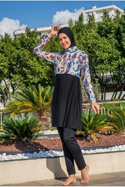 Ruko Maio Women's Long Sleeve Cropped Lycra Patterned Black Hijab Swimsuit C0...