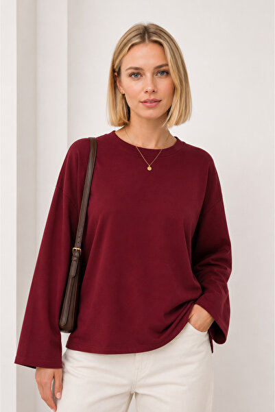 FERHEL Kadın Bisiklet Yaka Salaş Model Basic Penye Tunik - Koyu Bordo