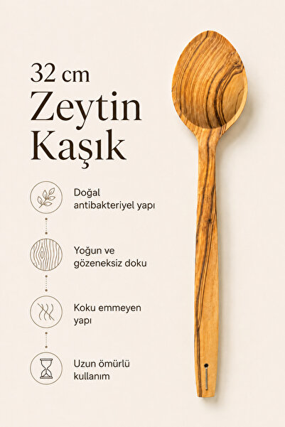 AHER 32 cm Zeytin Ağacı Kaşık - Doğal Ahşap Servis ve Mutfak Kaşığı