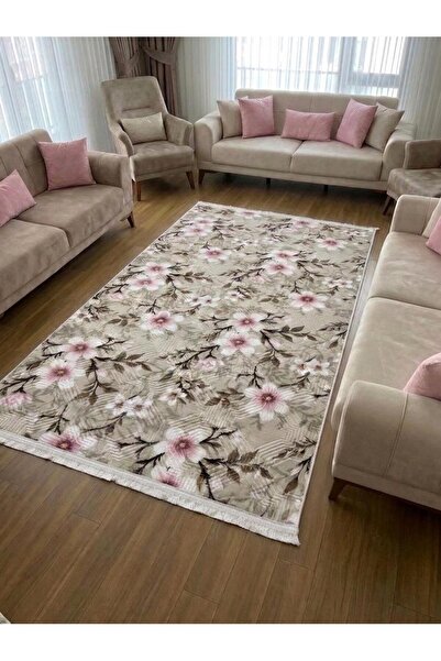 NaRStore Home Pembe Krem Saçaklı Çiçekli Kabartmalı Yıkanabilir Kaymaz Taban ...