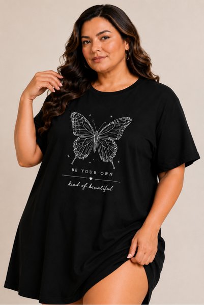 Rubonia Women's Plus Size Butterfly Print Cotton Single Jersey T-Shirt Dress – Relaxed Fit Casual Home Dress
