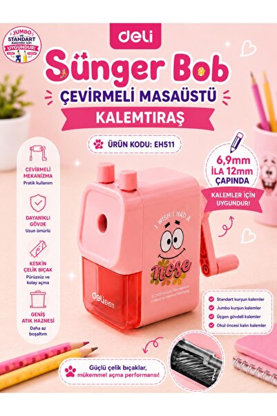 Deli EH511 SpongeBob Lisanslı Masaüstü Kalemtıraş Pembe – Jumbo ve Standart K...