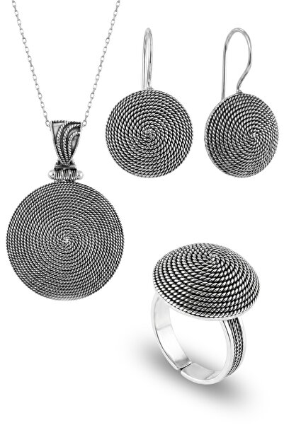 Söğütlü Silver 925 Ayar Gümüş Salyangoz Modeli Takı Seti Kolye Küpe Yüzük Ota...