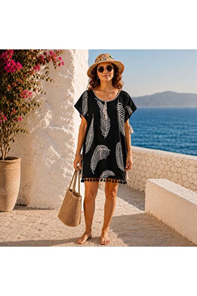 BIJUTERI Par-13038 Black Leaf Patterned Şile Cloth Beach Dress & Pareo |   Eo...