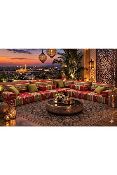 Xboat Arabic Majlis floor Sectional Sofa, Red Striped Traditional Pattern, L-...