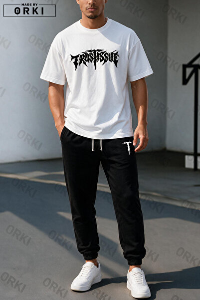 EFFRENATU Set Trening cu Tricou Oversize Imprimat Trust Issue și Pantaloni Negri