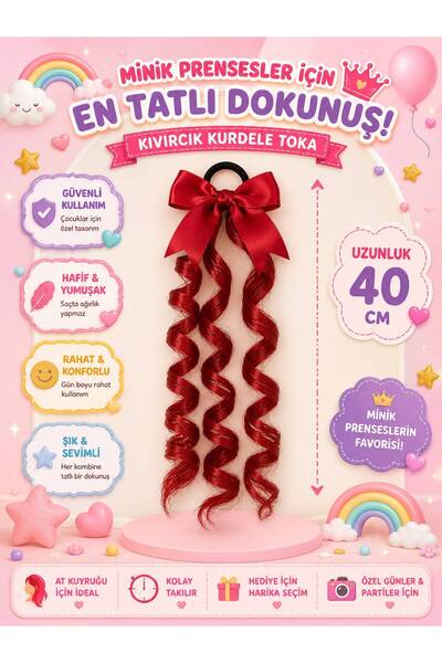 Rhea Company Minik Prensesler İçin Kırmızı Saten Kurdeleli Kıvırcık At Kuyruğ...