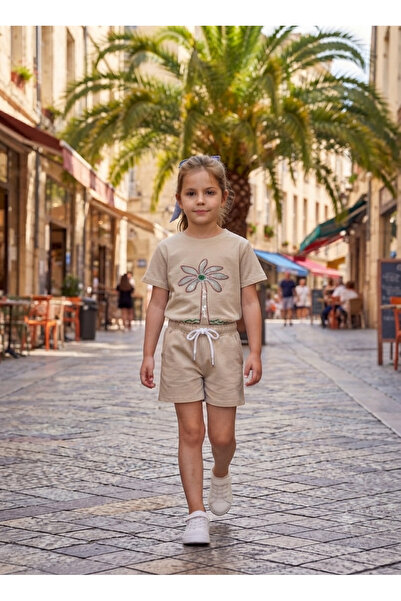 WİKİBOOM Pul Embroidered Palm Pattern Shorts and Top Summer Girls' Set