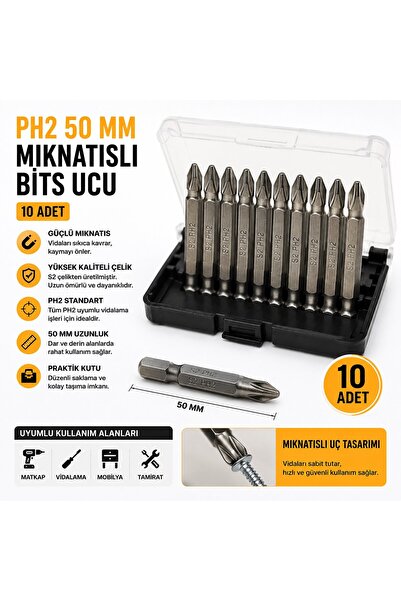 Trendhane PH2 50 mm Mıknatıslı Bits Ucu Seti | 10 Adet S2 Çelik Tornavida Ucu...