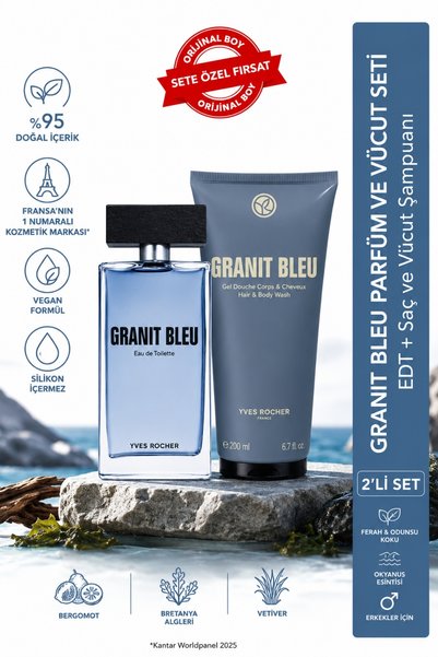 Yves Rocher Granit Bleu Bergamot & Okyanus Yosunu Notalı Erkek 2'li Parfüm Ba...