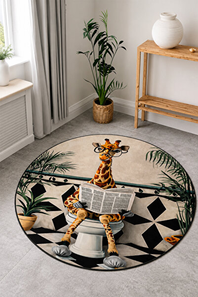 PINKIE HOME Dijital Kaymaz Yıkanabilir Yuvarlak Zürafa Modern Yuvarlak Halısı...