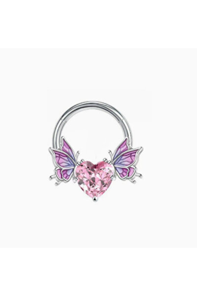 TakıLabirenti Pembe Kalp Taşlı Kelebek Figürlü Septum Piercing, Burun Halkası...