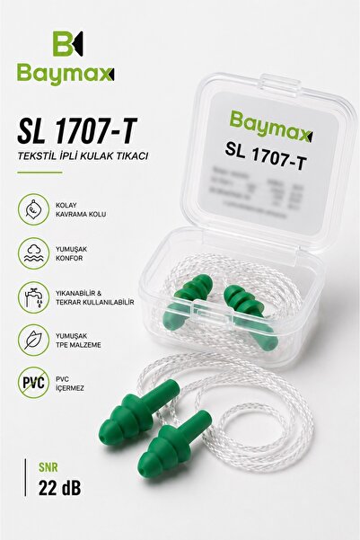 Baymax SL 1707-T Tekstil İpli Tekrar Kullanılabilir Kulak Tıkacı Yeşil SNR 22...