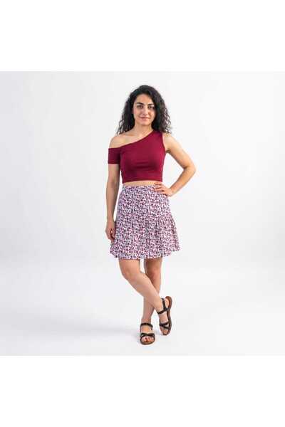 MAKSEN TEKSTİL Flower-Patterned White Comfortable Cut 55 cm Short Skirt