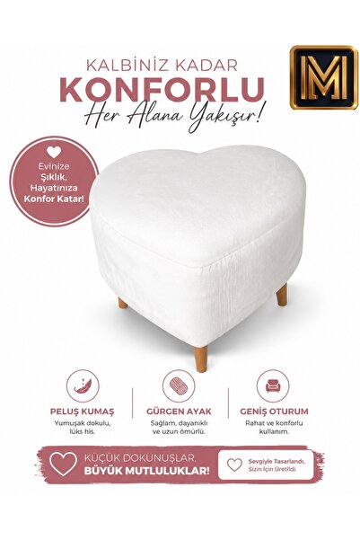 MEDET HOME kalp puf 3 beyaz yumuşak Peluş Kumaşlı dokulu modern Dekoratif Otu...