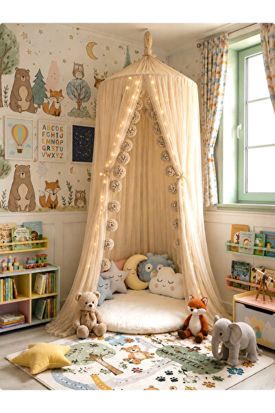 Bila Baby STQUEEN PREMİUM PONPONLU TÜL CİBİNLİK BEİGE (TAŞ) 5 mt MİNİ LED IŞIKLI