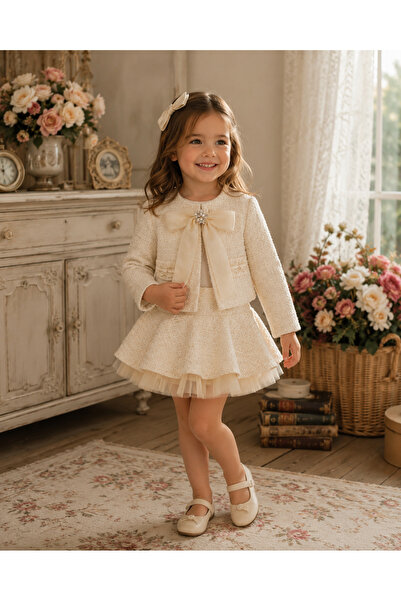ministok Ivory Elegance Girls' 3-Piece Tweed Set (Blouse, Jacket, and Skirt)