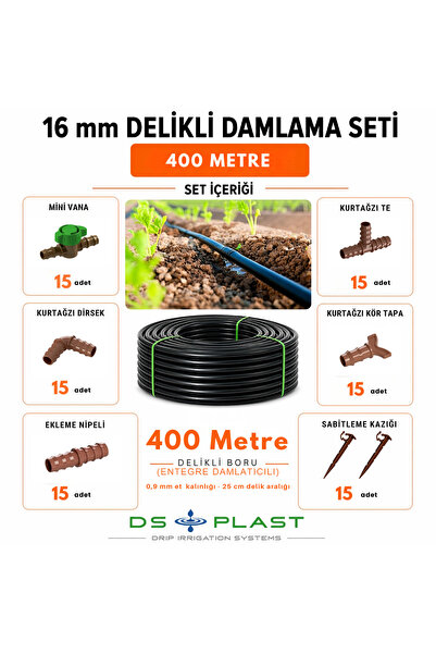 400 Metre 16 mm Kendinden Delikli Damla Sulama Seti — 25 cm Aralık - 4 lt/h Debi - 0,9 mm Et kalınlığı