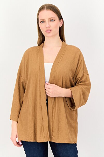 Bigdart Women Split Neck Textured Cardigan, Brown