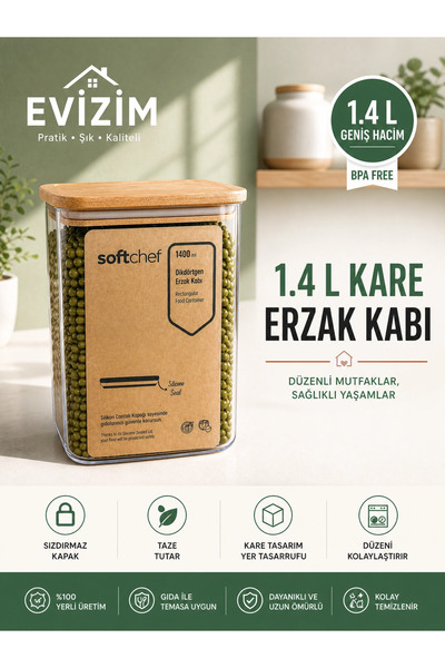 Evizim Bambu Kapaklı 1,4 L Şeffaf Bakliyat Saklama Kabı Kare Erzak Kutusu