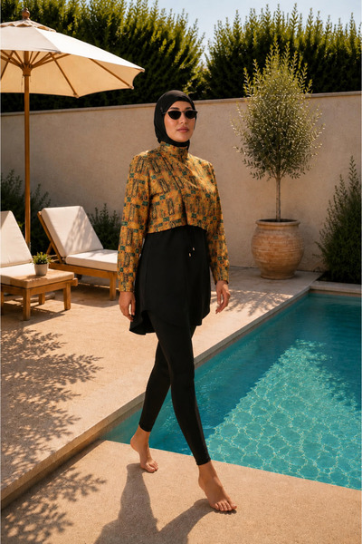 Sunova Beachwear Liora Koleksiyonu Safran Sarısı Tarçın Kahvesi Siyah Bronz D...