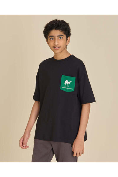 REDTAG Senior Boys Black Saudi Patch T-Shirt
