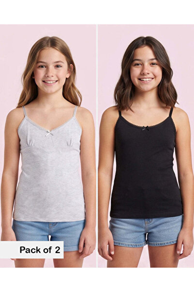 REDTAG Senior Girls Light Grey Melange And Black Vest Set (Pack Of 2)