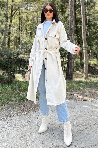 Moda4x4 Women's Clothing Ecru Long Sleeve, Double Pockets, Oval Cut Skirt, Be...