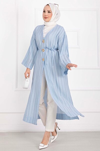 EBRUTESETTÜR Gold Düğmeli Bağcıklı Uzun Kimono Bebe Mavisi