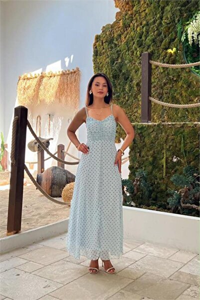 Neşeli Butik Дамска бебешко синя рокля с тънки презрамки, на точки, с драпира...