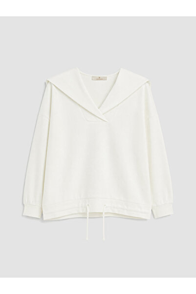 LC Waikiki Ecru Sailor Collar Women's Sweatshirt with Tie at the Waist
