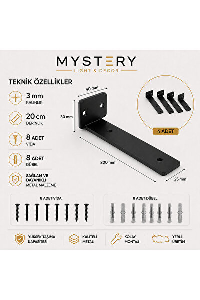 MYSTERY 4 Adet Metal Raf Ayağı 20 cm Siyah Duvar Rafı Taşıyıcı L Raf Destek A...