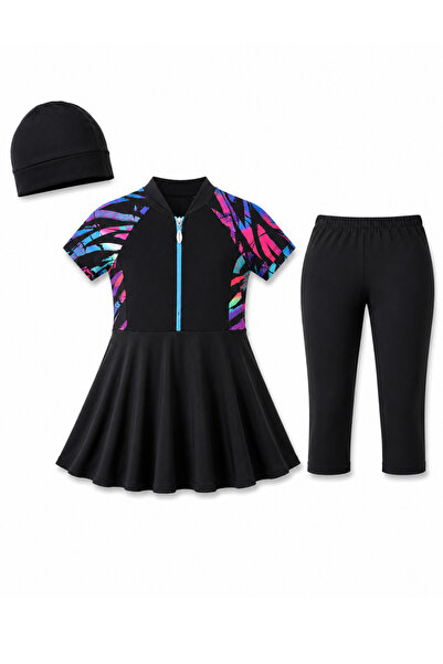 İYİBU Girls' 3-Piece Waiter Swimsuit Set Uv Protection Short Sleeve Semi-Cove...