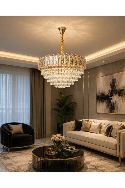 Led YENİ MODEL 60 CM KRİSTAL LÜX SALON AVİZE GOLD RENK İTHAL KASA