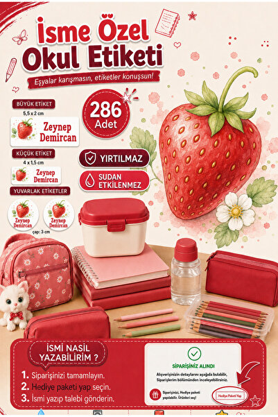 Sim Tasarım Çilek Tema Okul Etiketi Kalem Defter Etiketi Özel İsim Yazılabile...