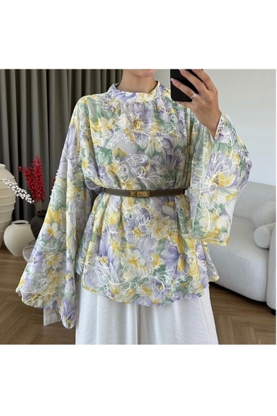 MODA S&S BZLİNE Hakim Lapel Embossed Floral Pattern Bat Sleeve Shirt