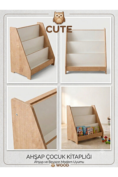Cute&Wood Cute Wood Doğal Ahşap Montessori Çocuk Yer Kitaplığı - 3 Raflı Çocu...
