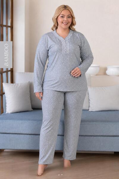 DERYA Women's Plus Size Lace Collar Bamboo Long Sleeve Thin Pajama Set 8116g ...
