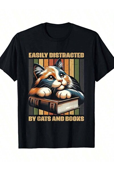 45 BPM تي شيرت رجالي من القطن بنسبة 100% مع طباعة "Easily Distracted By Cats ...
