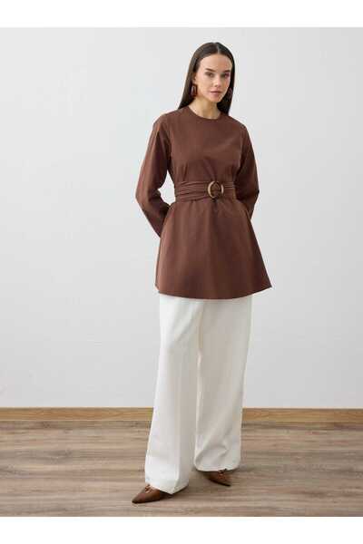 Refka Classic Cut Tunic with Belt Detail - Brown -