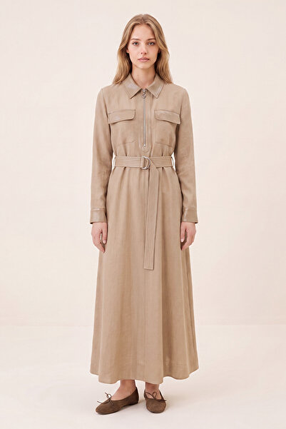 Zühre Beige Dress with Zippered Belted Pocket 0552