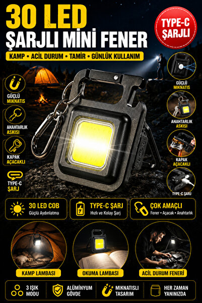 Hane Dostu Mini 30 LED Şarjlı Anahtarlık Fener Mıknatıslı Kamp Lambası Kapak ...