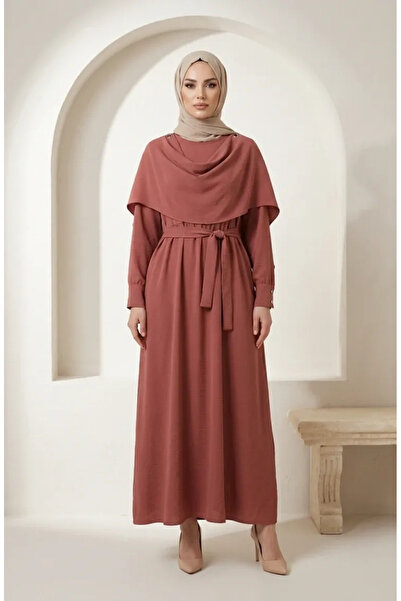 sefamerve Cape Detailed Belted Hijab Dress 2291-07 Dusty Rose