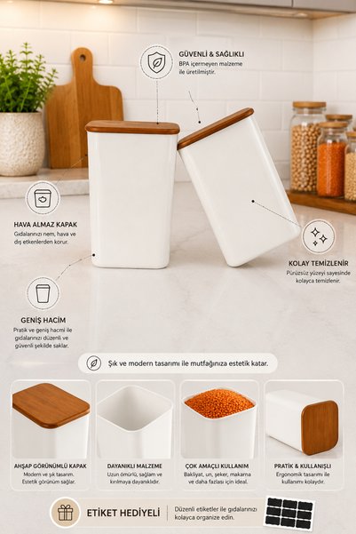 Zivora Home 2-Pack 3 Liter Food Storage Container with Wooden Lid - Multi-Purpose Kitchen Organizer Flour Tea Sugar Box